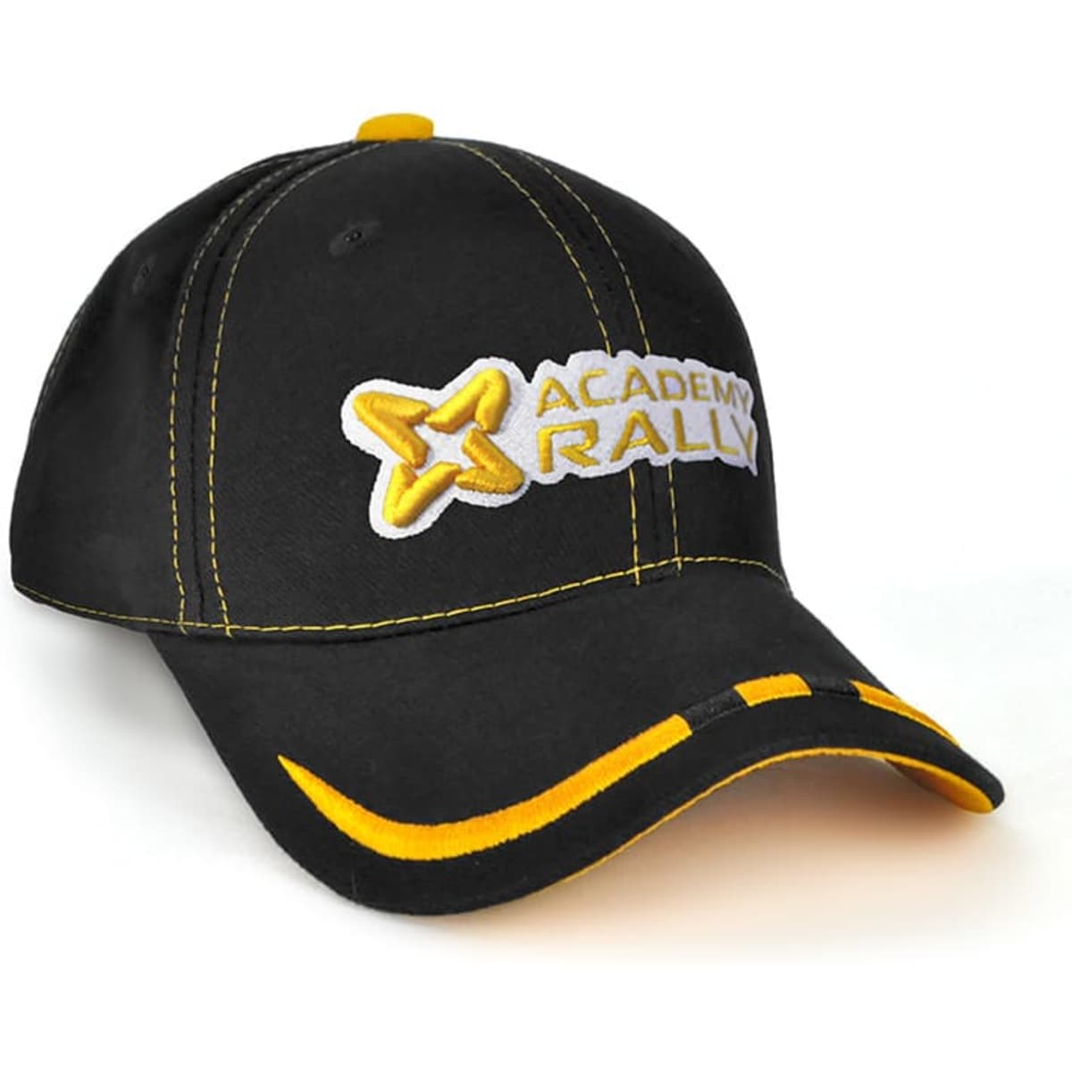 A black cap with yellow accents and stitching, featuring a logo on the front.
