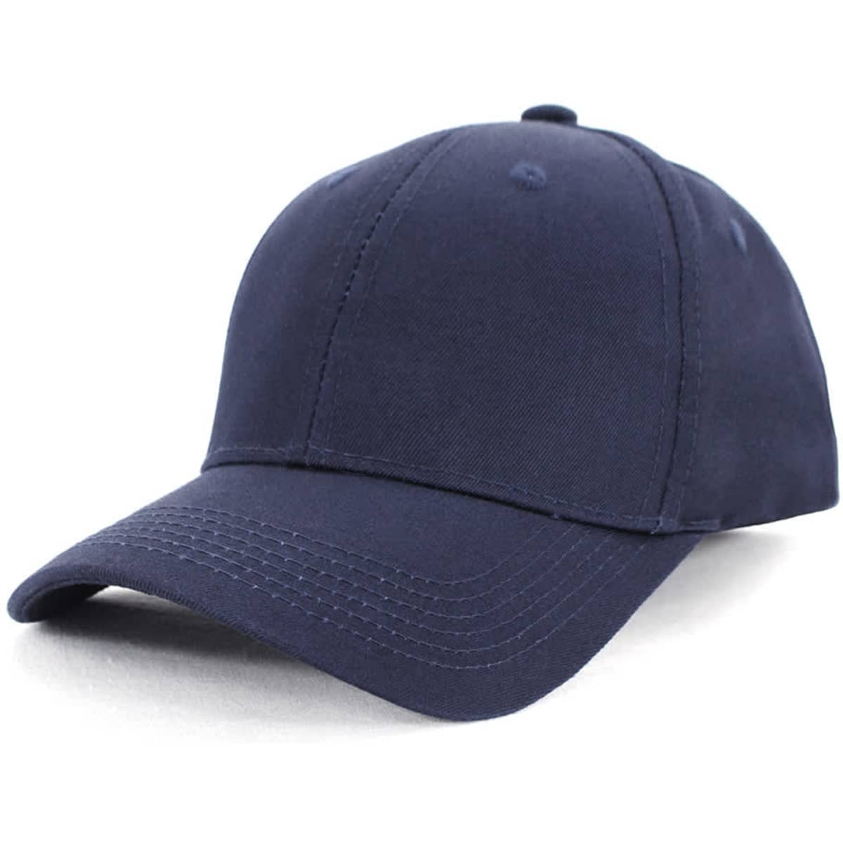 A navy blue cap with a structured design, featuring a curved brim and an adjustable back. Includes a logo.
