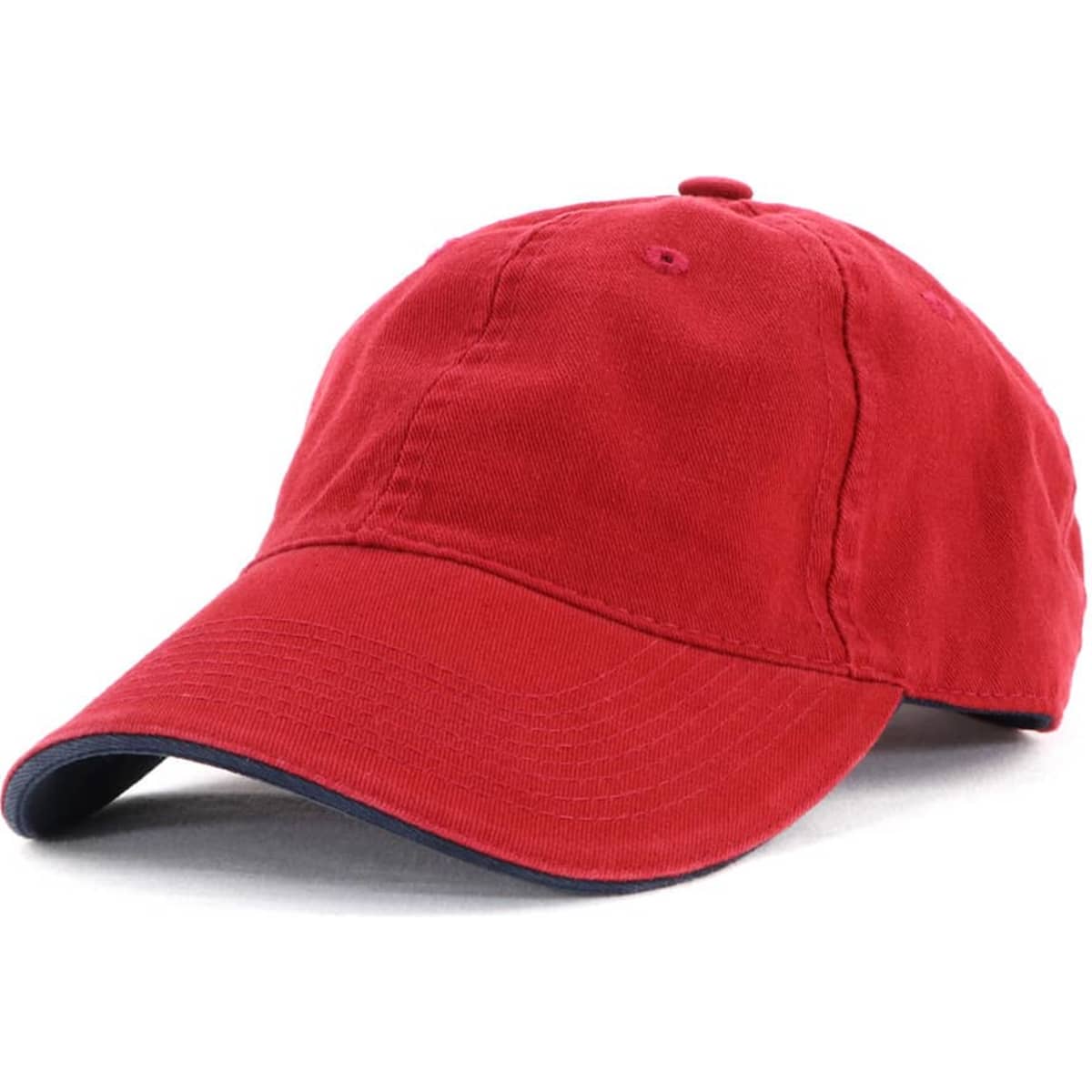 A red enzyme washed cap with a curved brim, featuring a branding logo on the side.