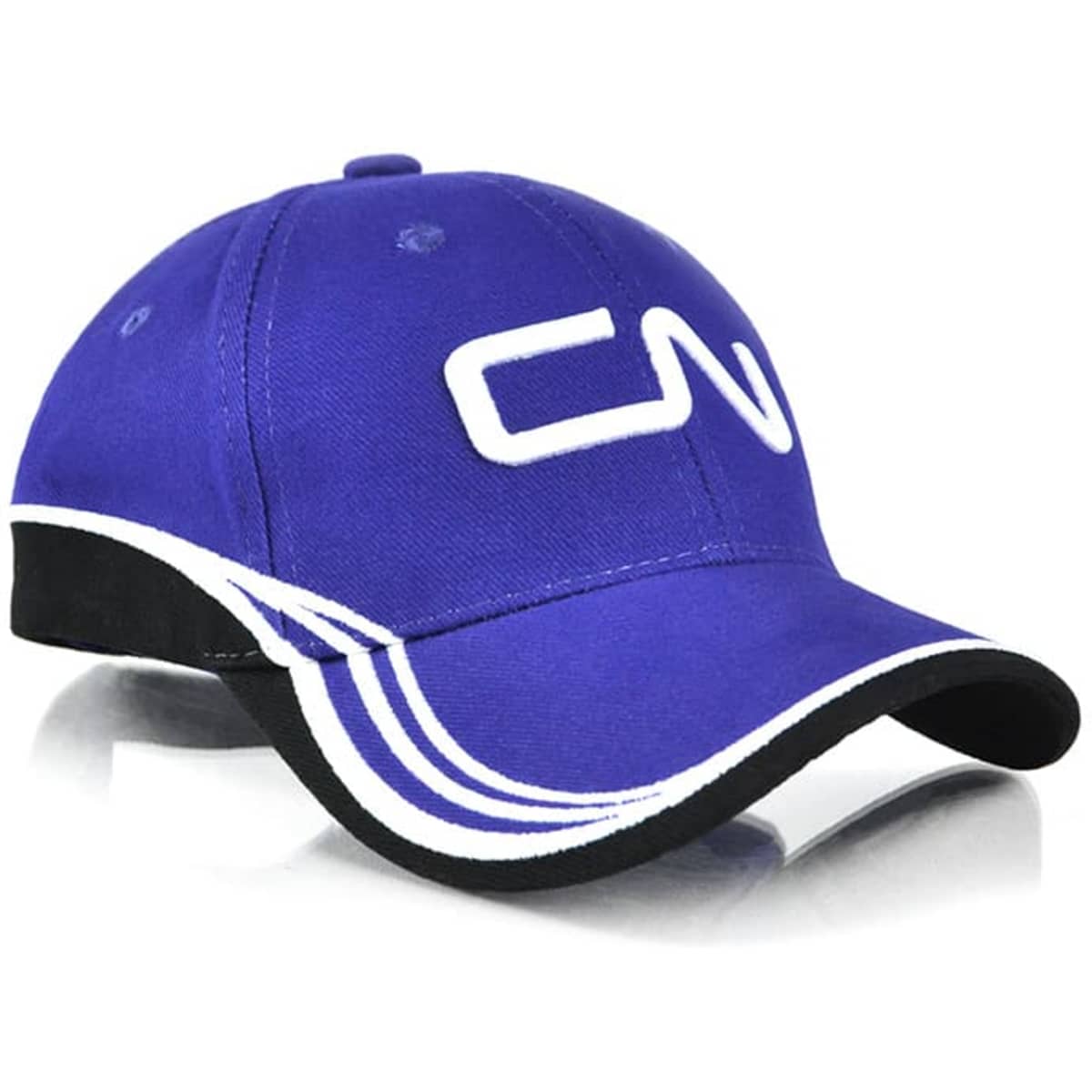 A purple cap featuring a white logo and black accents along the brim.