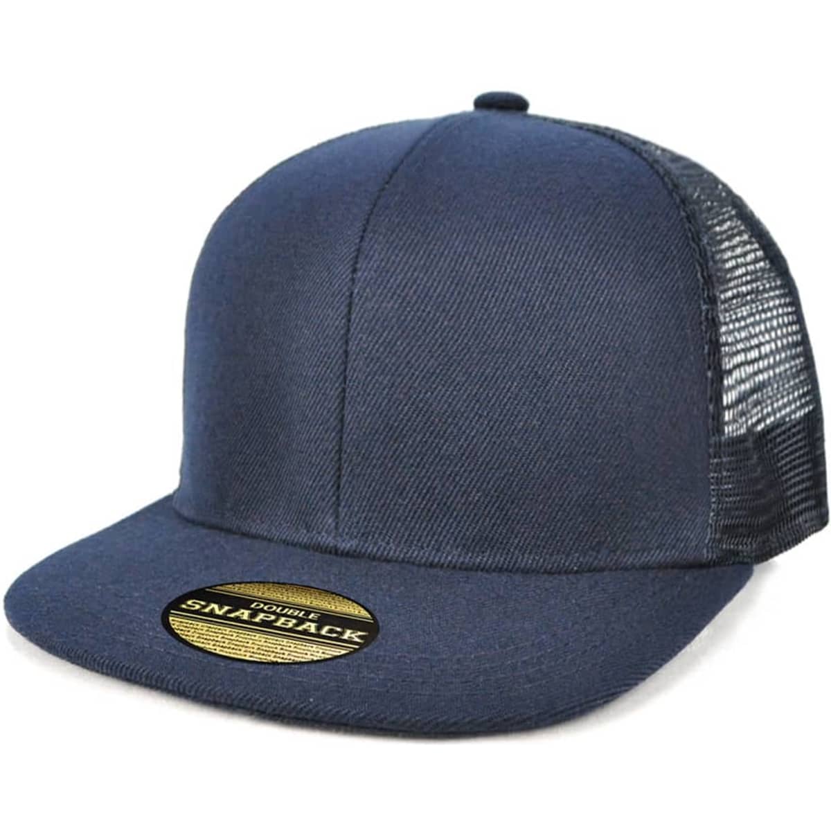 A navy blue snapback cap with a flat brim and mesh back, featuring a logo on the front.