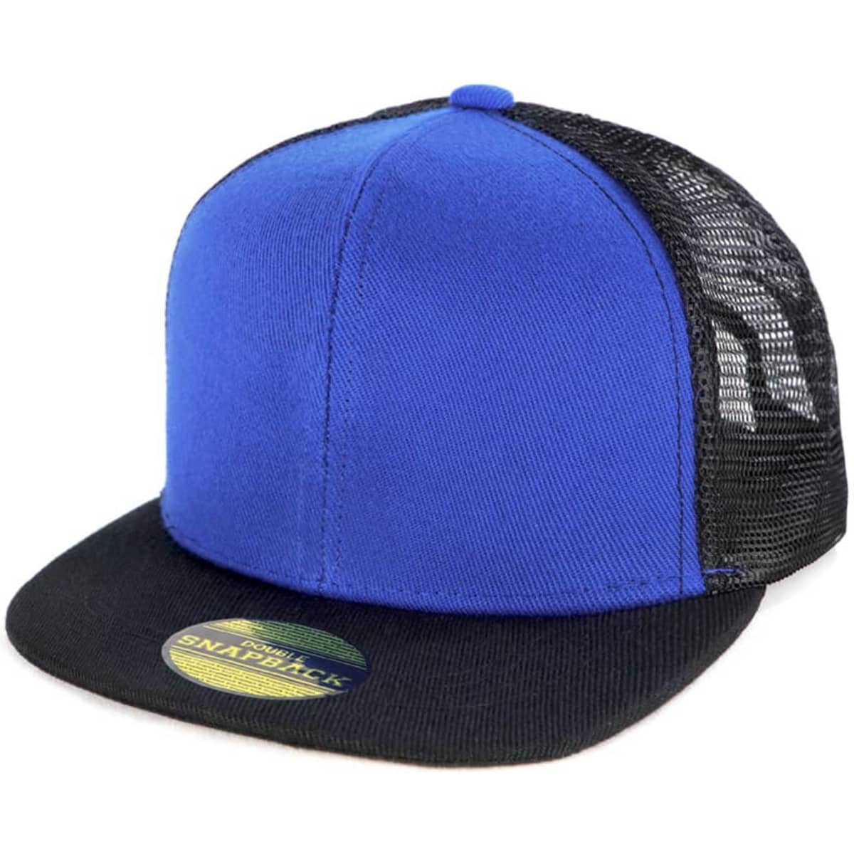 A blue and black kids snapback cap with a mesh back and a flat peak, featuring a logo.