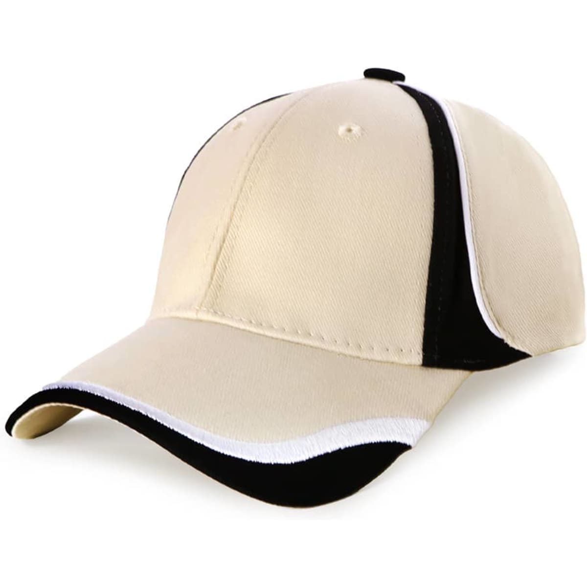 A beige and black cap featuring a curved brim and contrasting stitching, with a logo on the front.