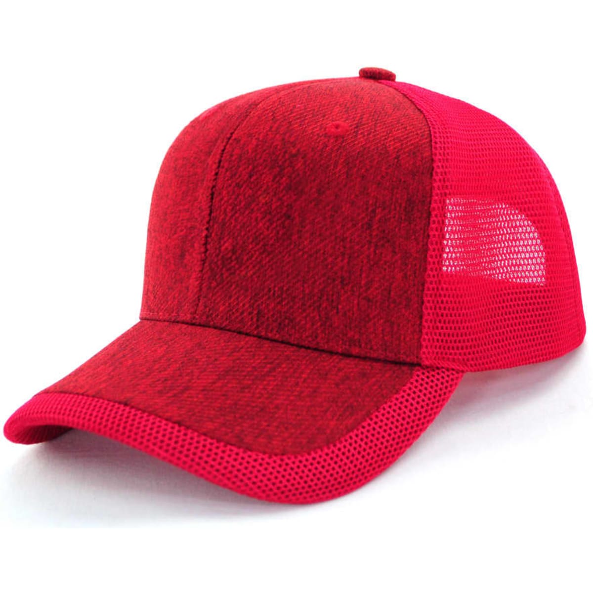 A red cap with a textured front and mesh sides, featuring a branded logo on the front.