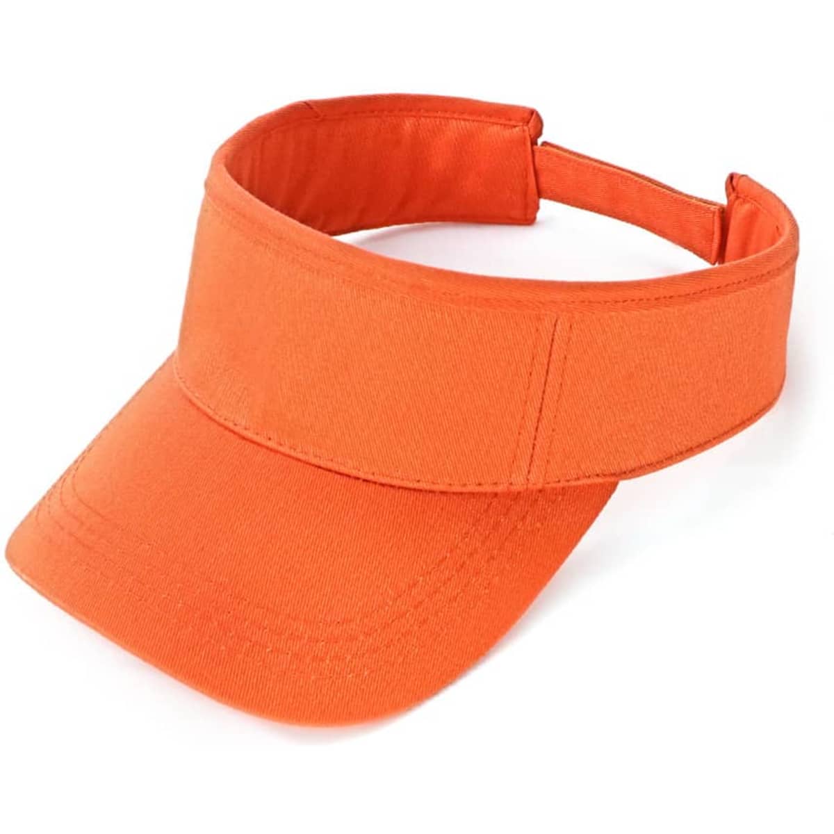 An orange visor with a wide brim and adjustable strap, featuring a logo on the front.