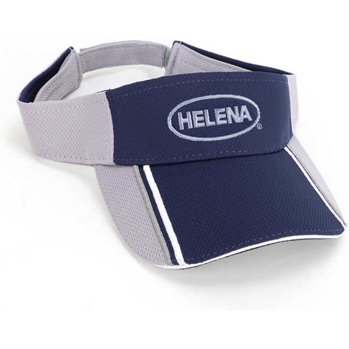 A navy and grey mesh knit visor featuring a logo, designed for headwear.