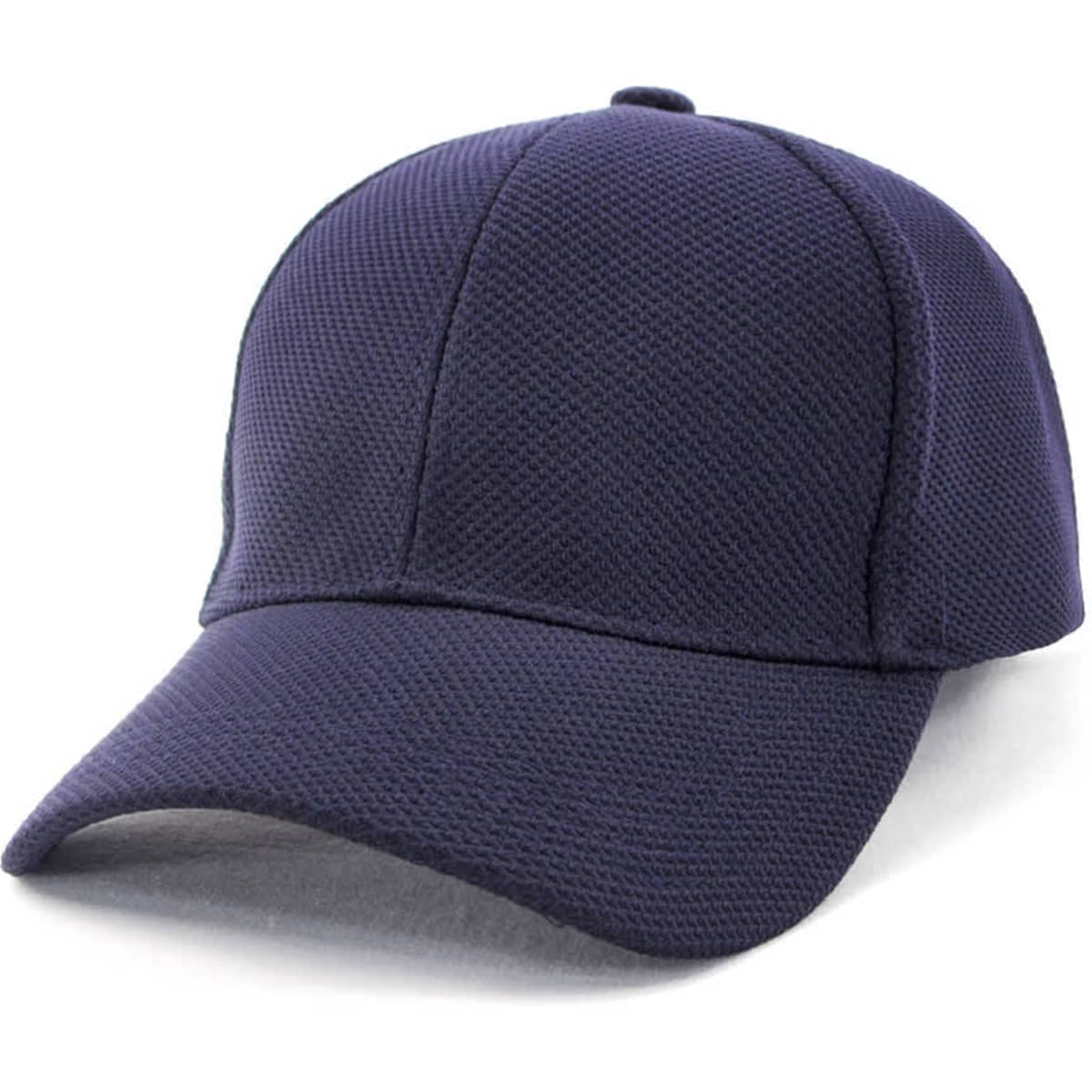 A navy fitted cap with a mesh design and a curved brim, featuring a logo on the front.