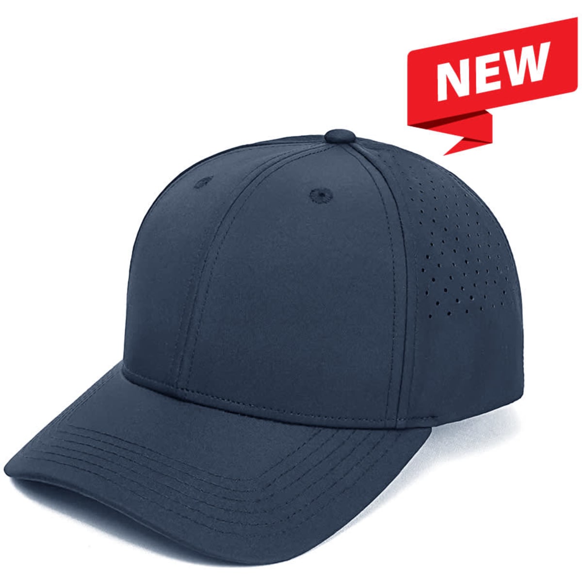 A navy cap with perforated detailing on the sides and a curved brim, featuring a logo on the front.