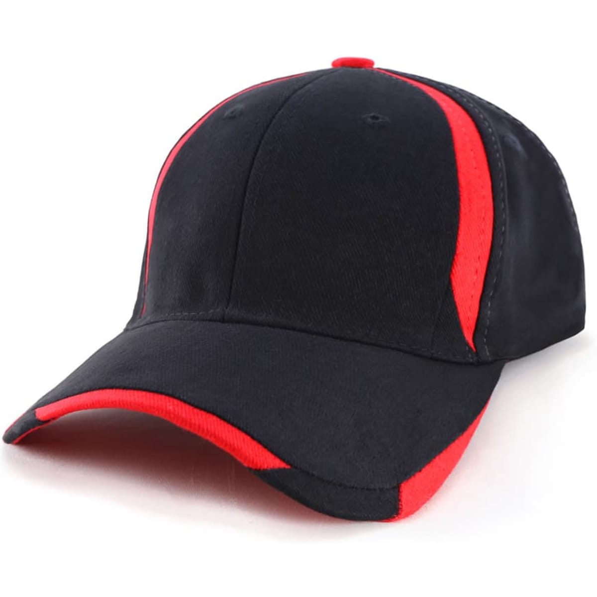 A black cap with red accents, featuring a curved visor and a branding logo.