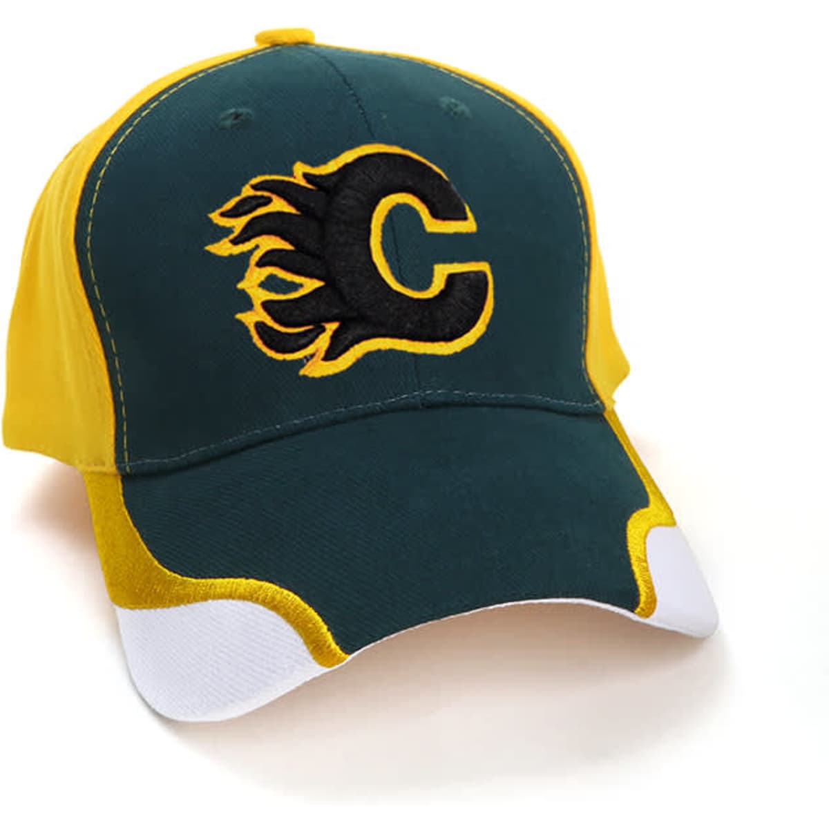 A green and yellow cap with a logo featuring a stylised flame design. It has a white peak and contrasting panels.