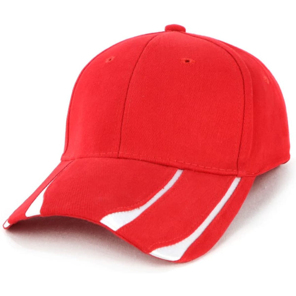 A red cap with white detailing and a logo, featuring a curved brim and structured design.