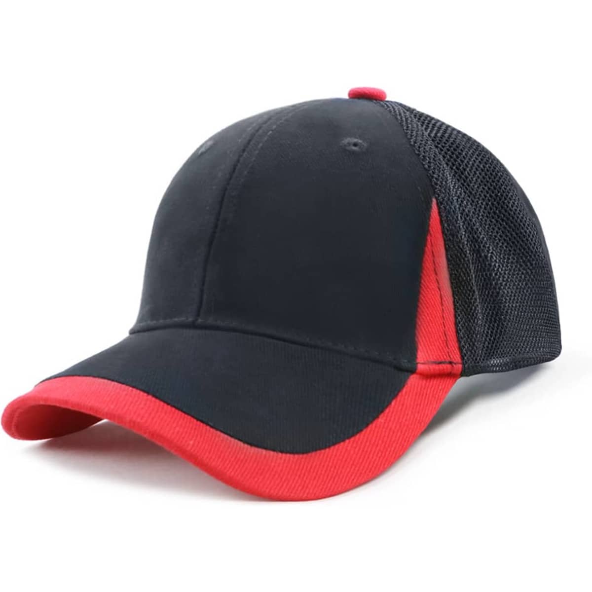A black and red cap with a solid front and mesh back, featuring a logo on the front.