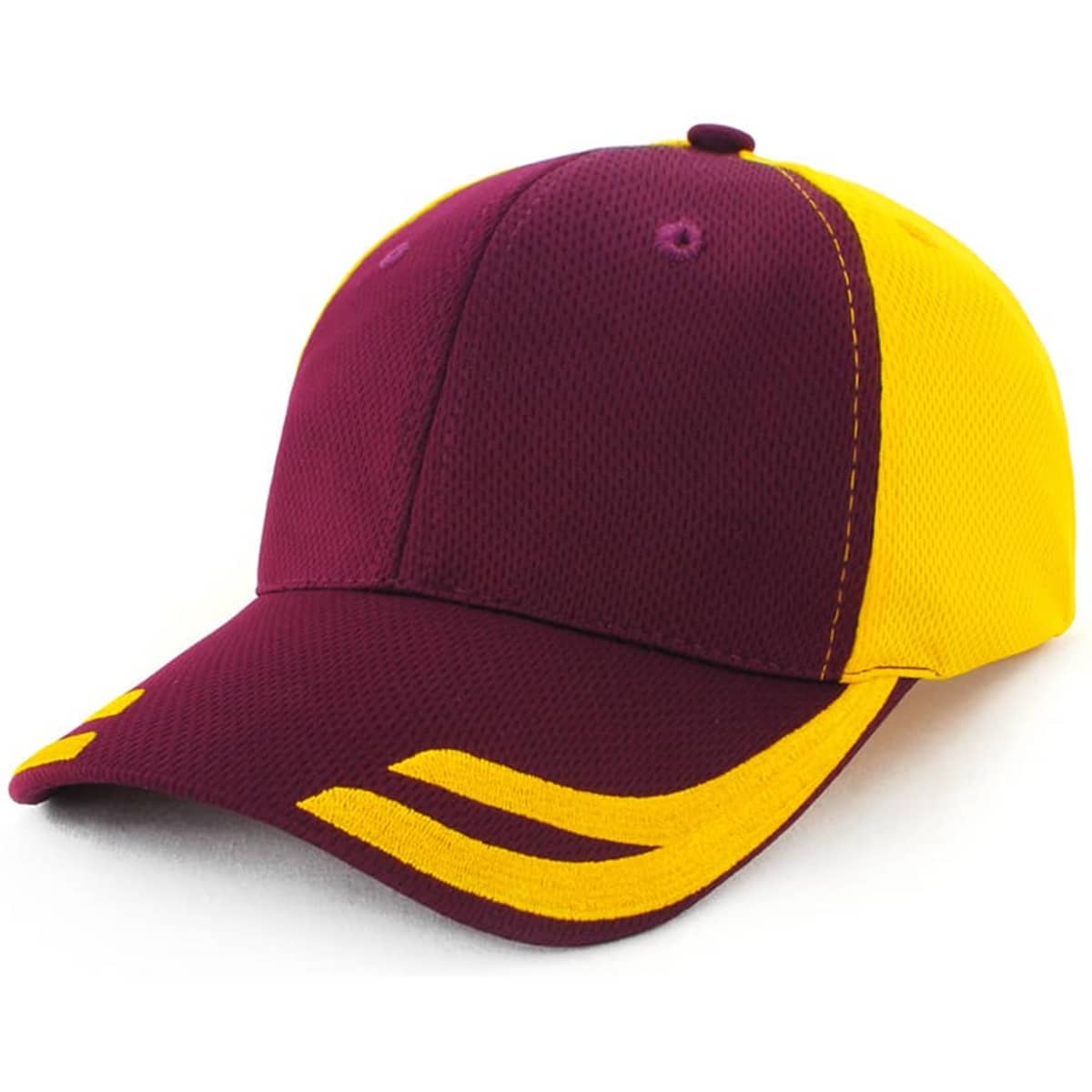 A maroon and yellow mesh knit cap featuring a structured design and a logo on the front.