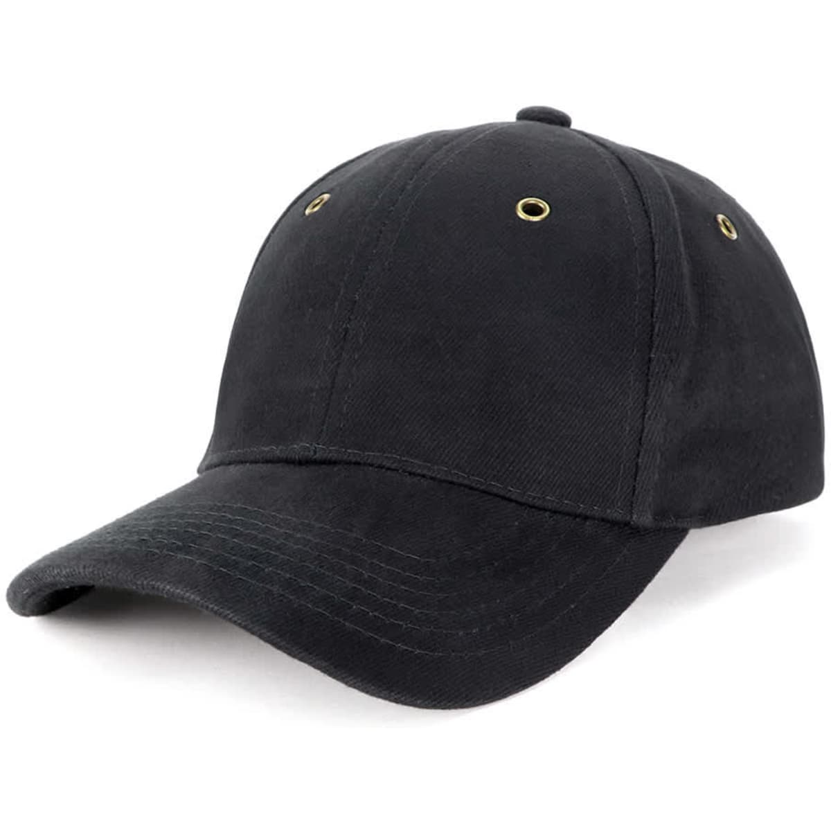 A black cap featuring a brass buckle and eyelets, designed for headwear. It has a curved brim and a classic style.