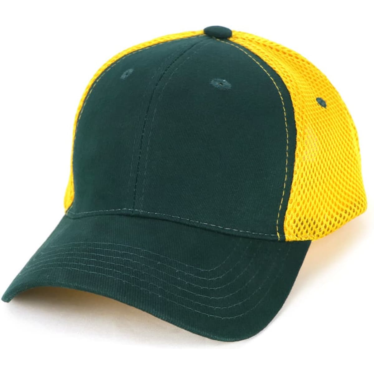 A green and yellow cap with a mesh back, featuring a logo on the front.