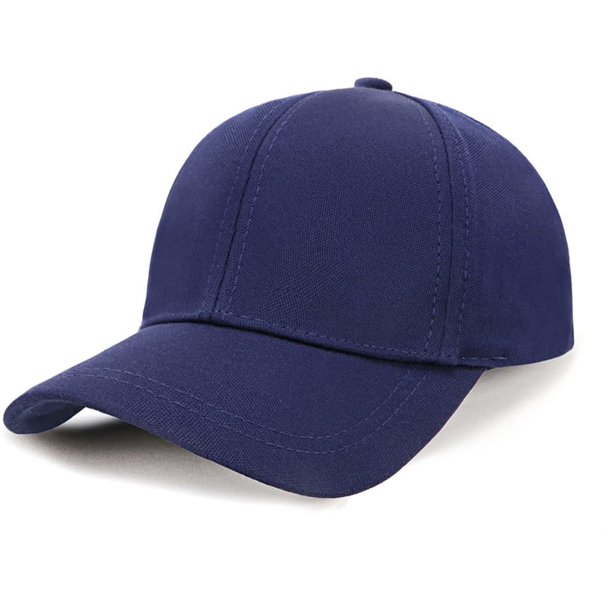 A navy blue cap with a solid design and a curved brim, featuring a logo on the front.
