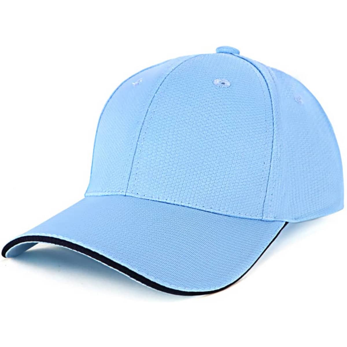 A structured cap in light blue with a curved peak and a contrasting trim, featuring a logo on the front.