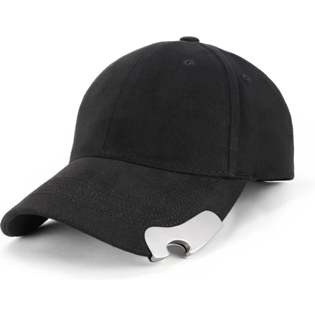 A black cap featuring a silver bottle opener attachment and a logo on the side.