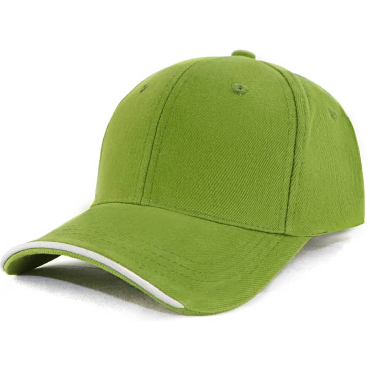 A green cap with a curved brim and a logo, featuring a contrasting trim along the edge.