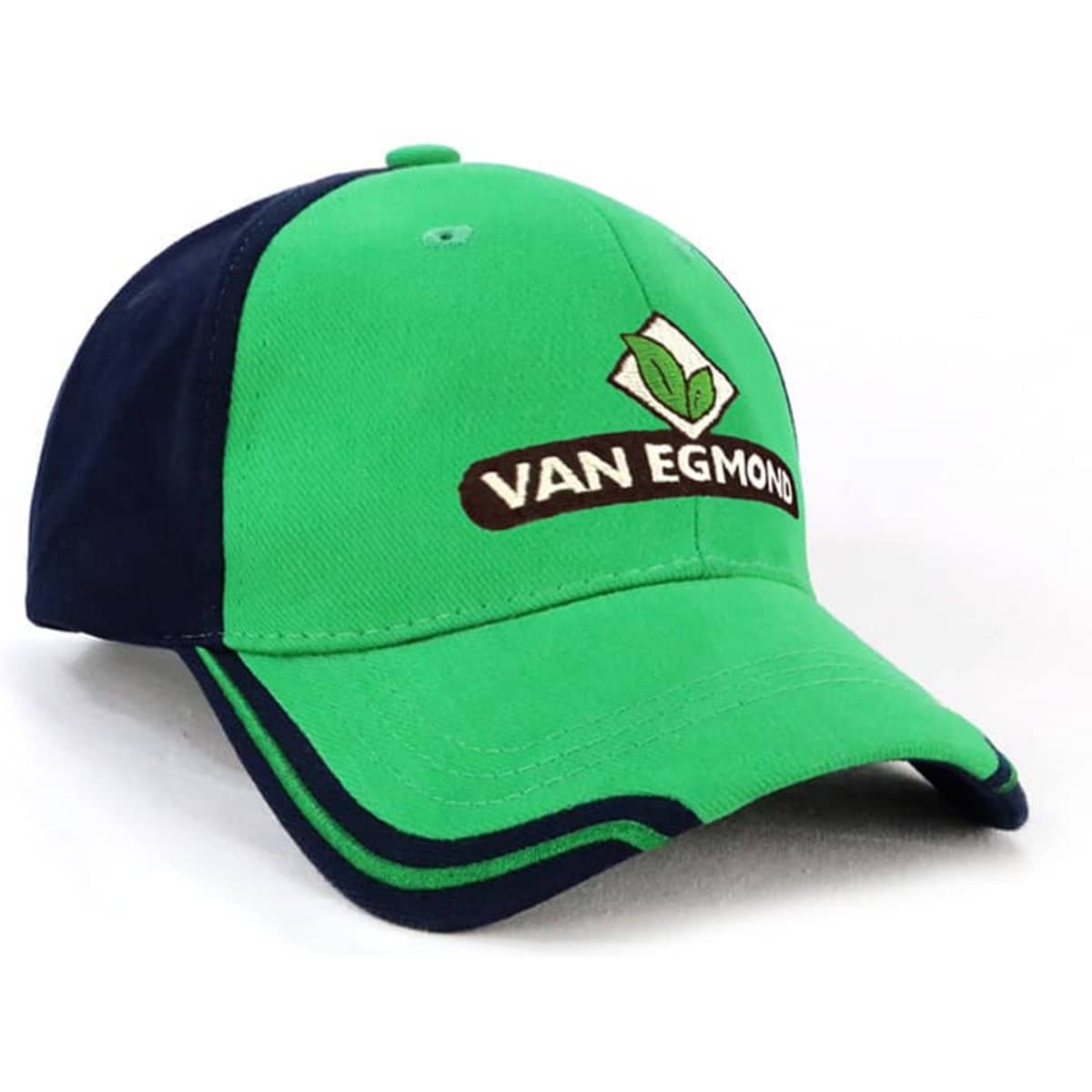 A green and navy cap featuring a logo. The cap has a curved brim and sporty design.