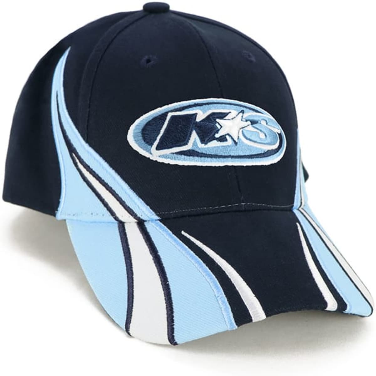 A navy and light blue cap featuring a logo and distinct stripe design. It is part of the headwear category.