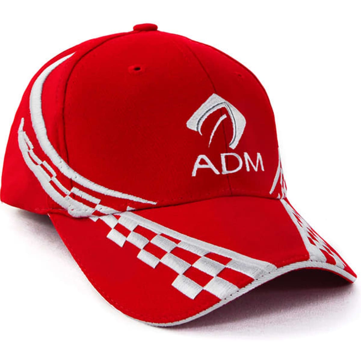 A red cap featuring a white logo and checkered pattern on the brim.