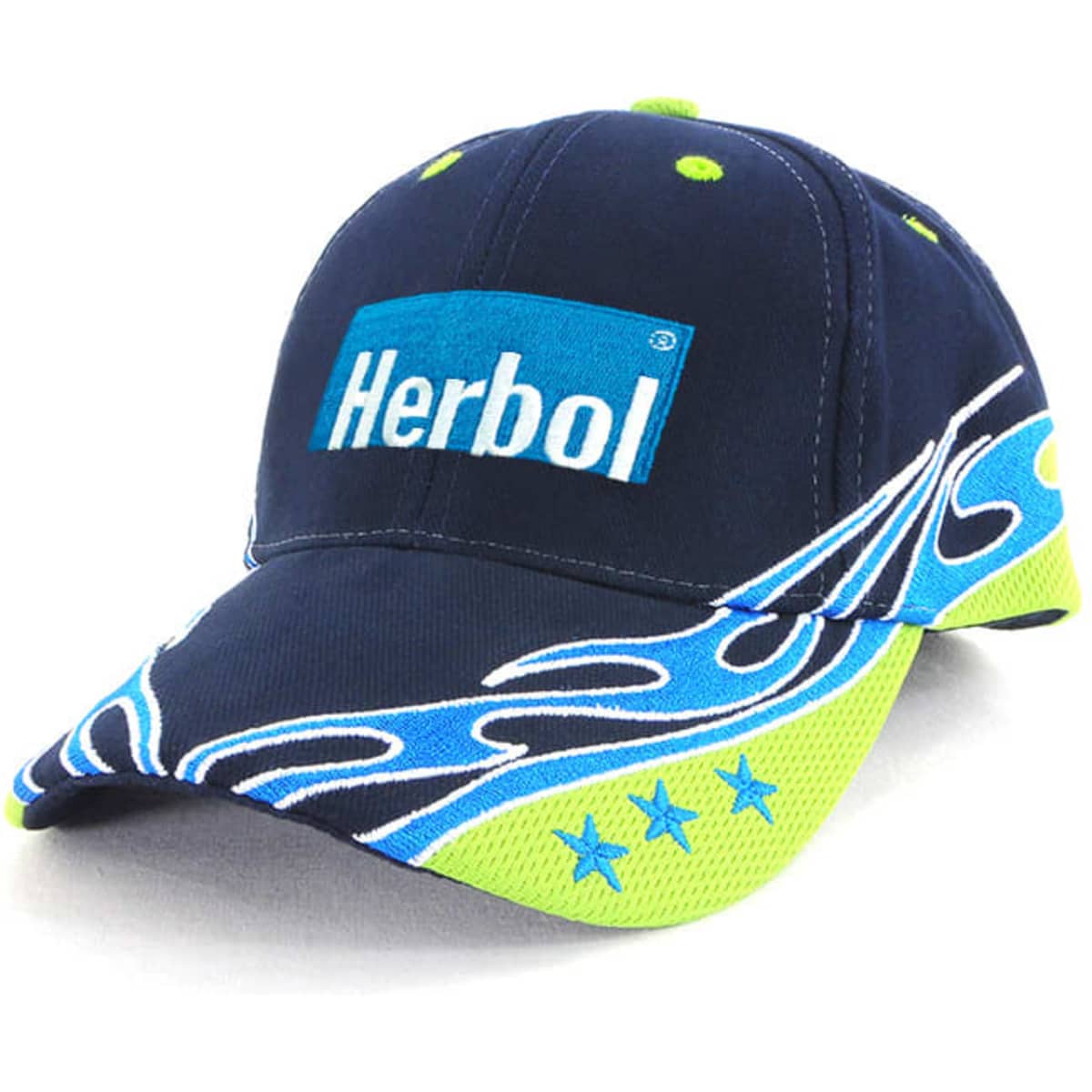 A navy cap with vibrant blue and lime green details, featuring a logo on the front.