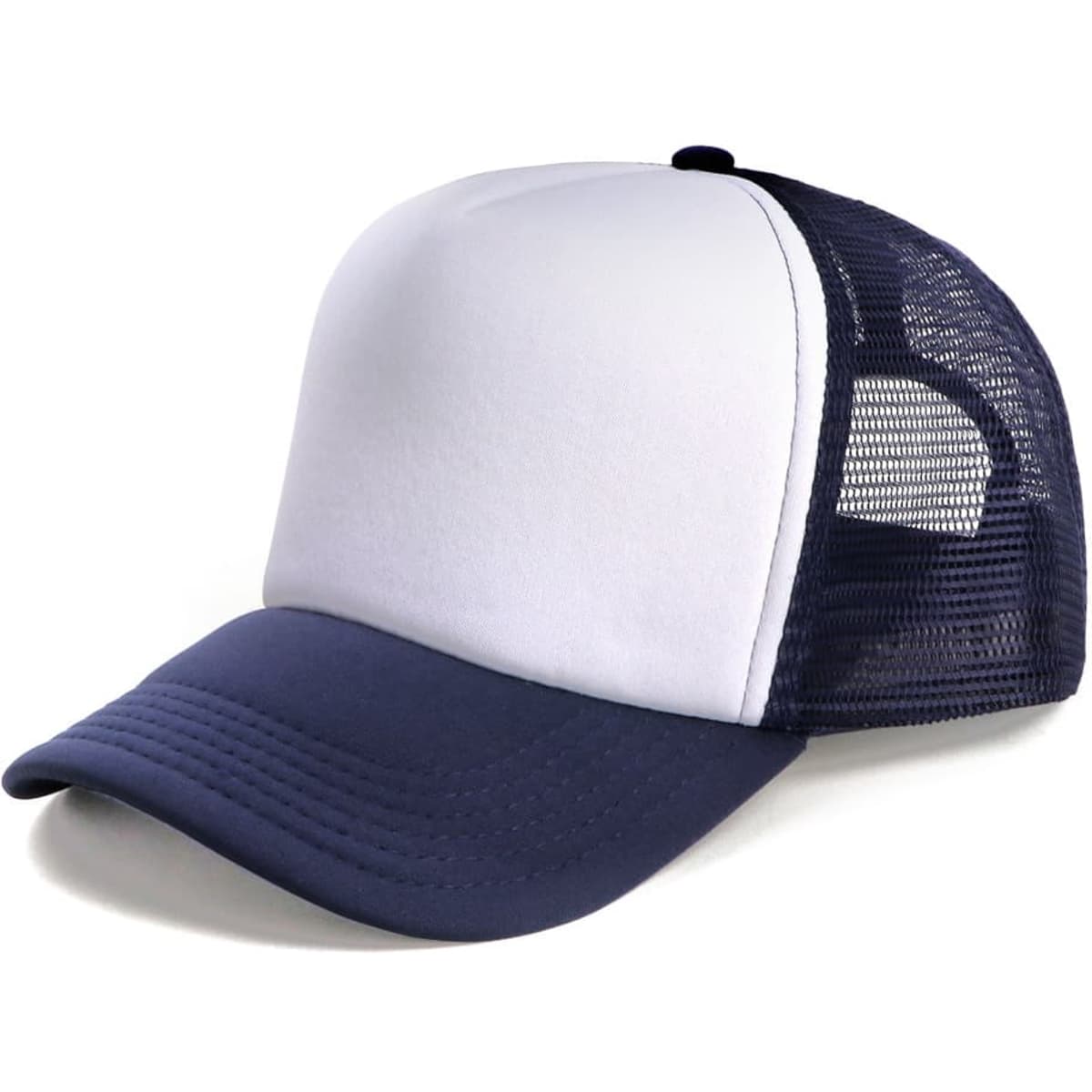 A navy and white Polymesh Trucker Cap featuring a mesh back and a front panel for branding.
