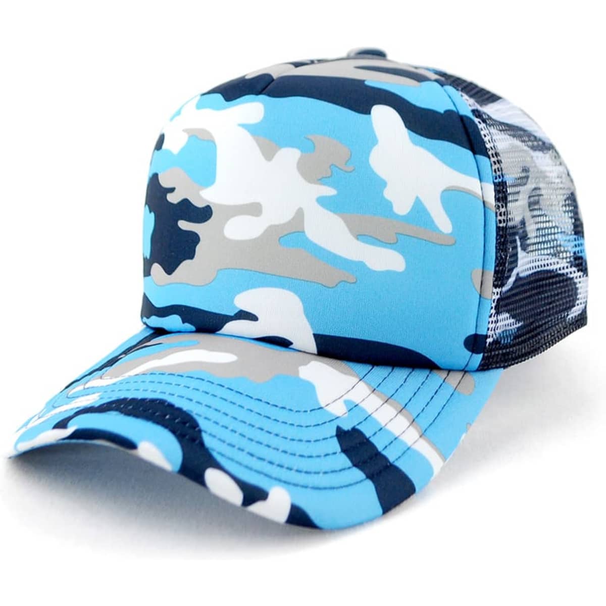 A blue camouflaged trucker cap with mesh back, featuring various shades of blue, grey, and white.