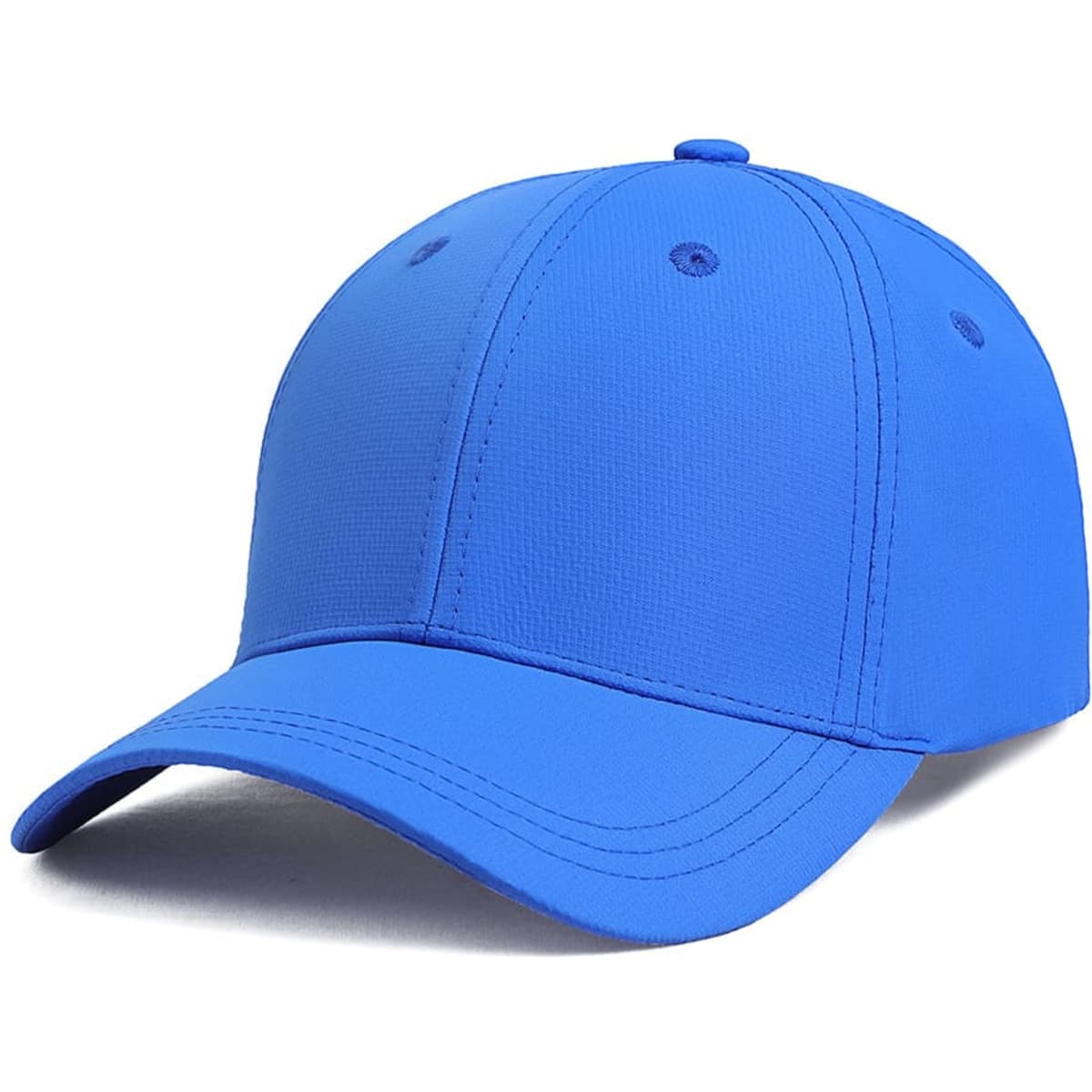 A blue cap with a curved brim and a textured finish, featuring ventilation holes and an interior sweatband.