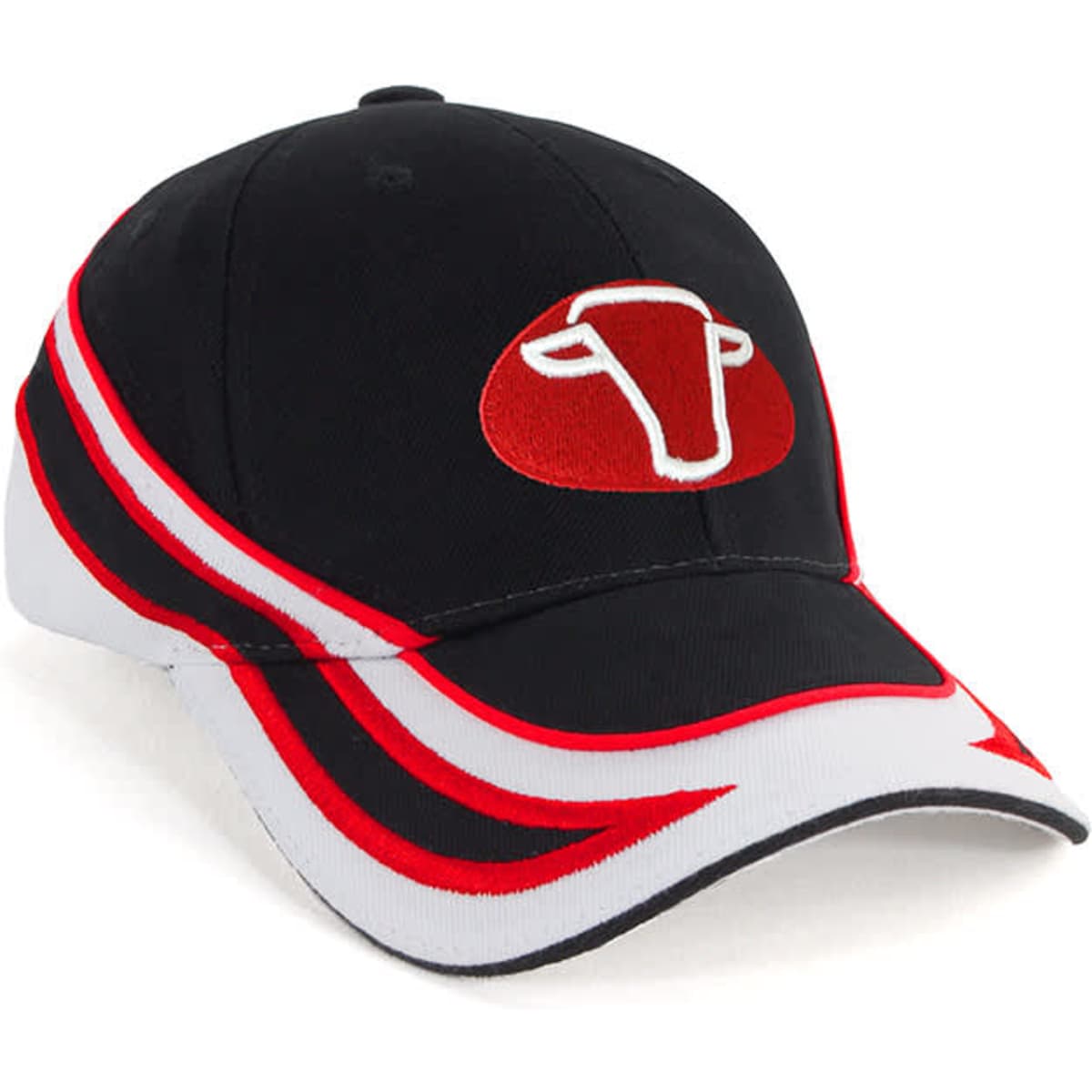 A black and red cap with a logo, featuring a curved design and contrasting white stripes.