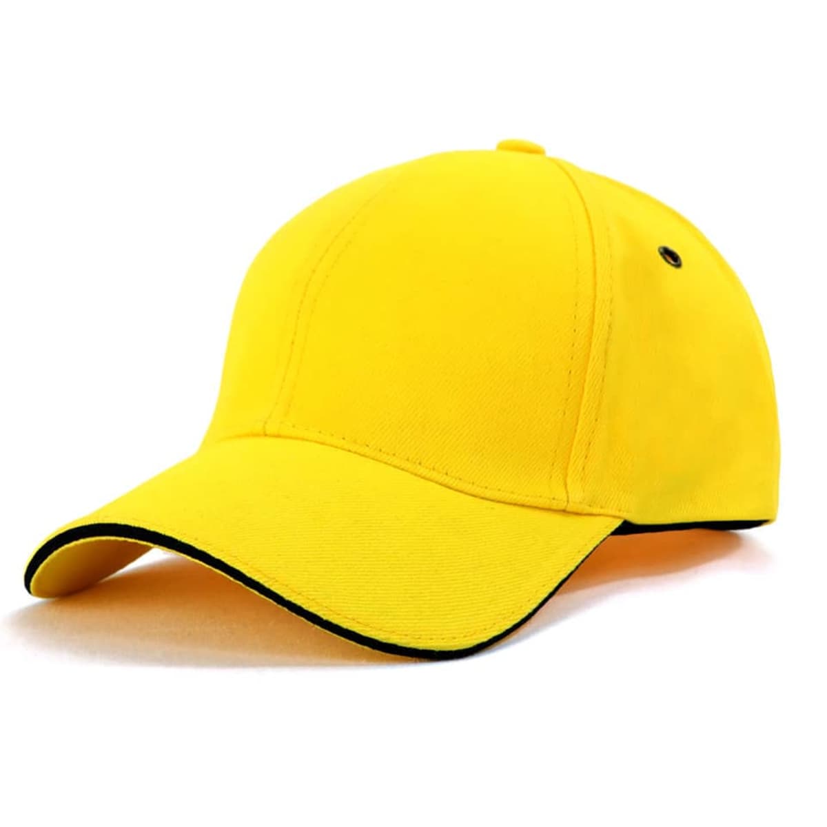 A yellow cap with surrounding piping and a logo on the side.