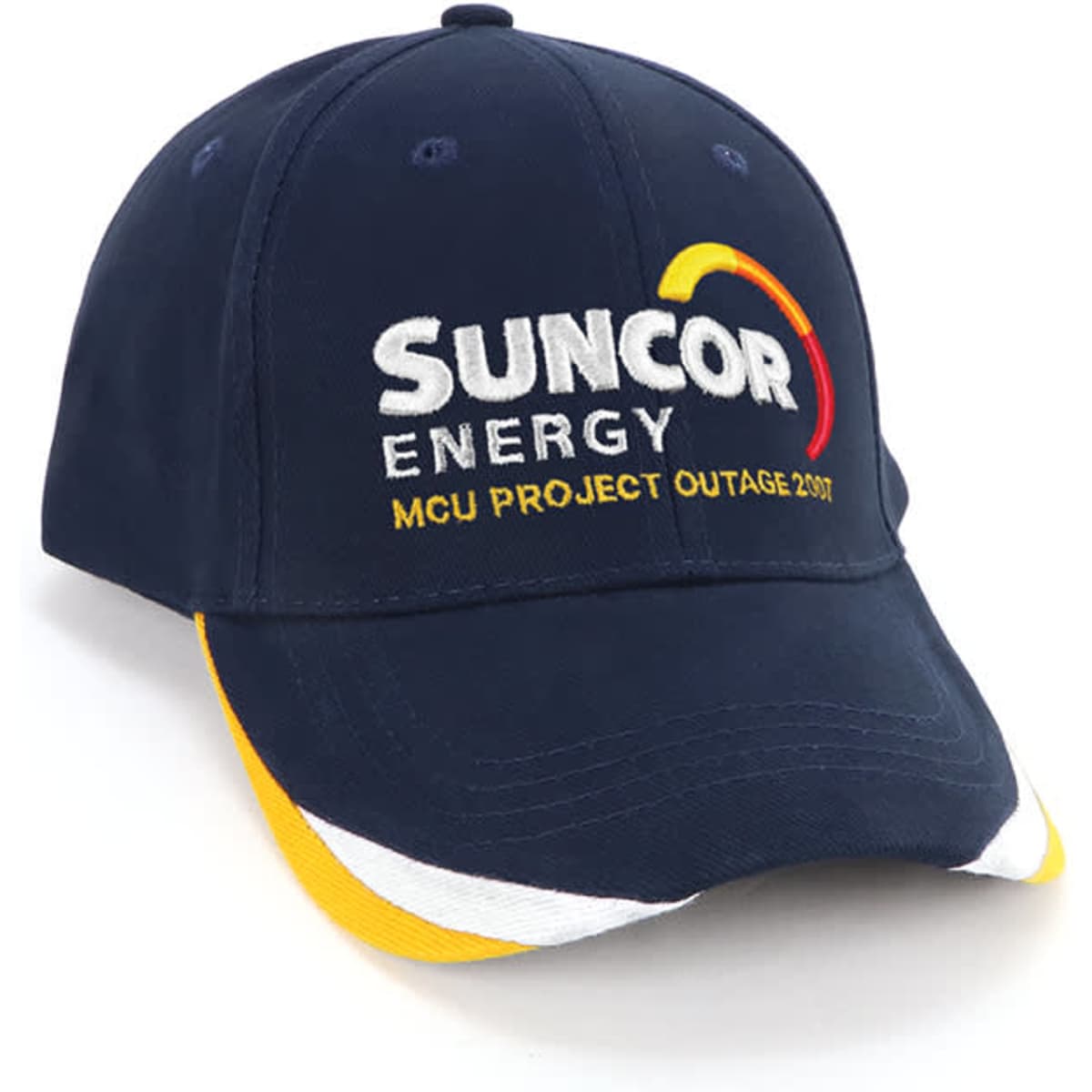 A navy blue cap with a multicoloured peak and a logo featuring text and design elements.