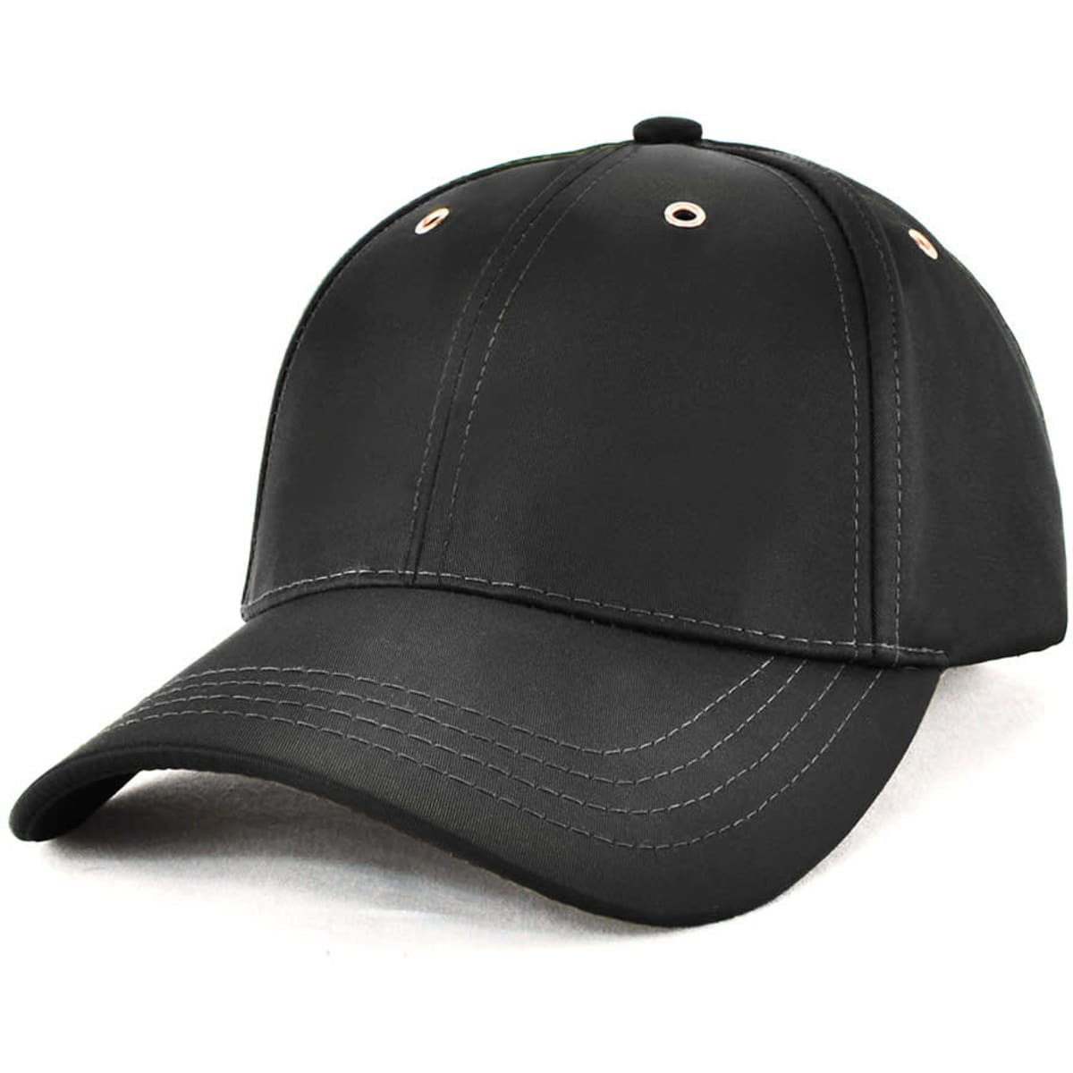 A black cap with a curved brim, featuring stitching details and ventilation holes. It has a logo on the front.