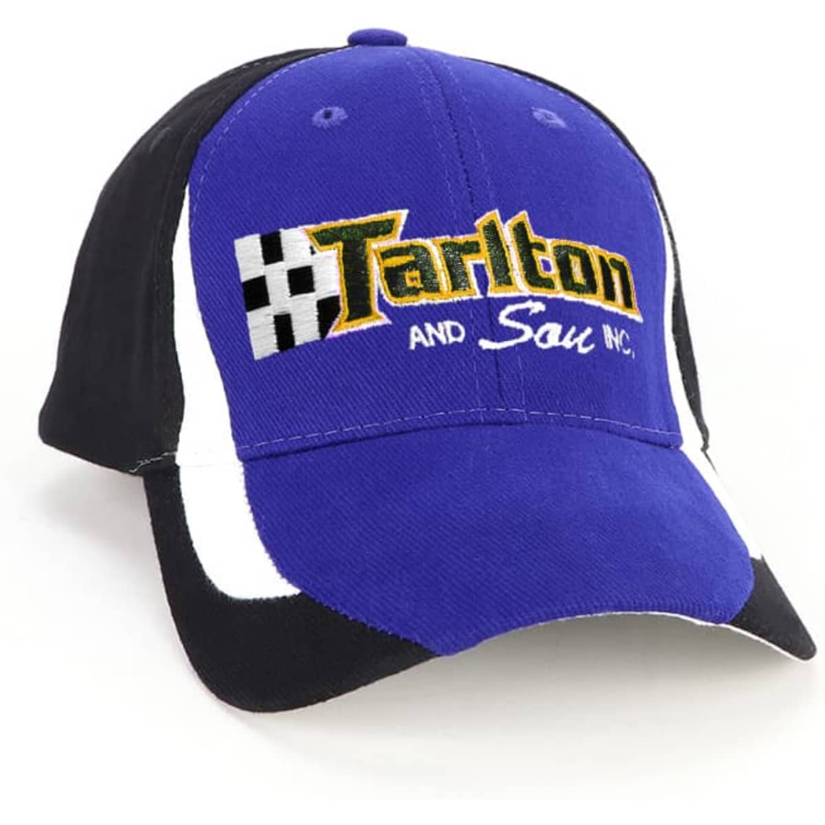 A blue and black baseball cap featuring a branding logo on the front. The design includes contrasting panels.