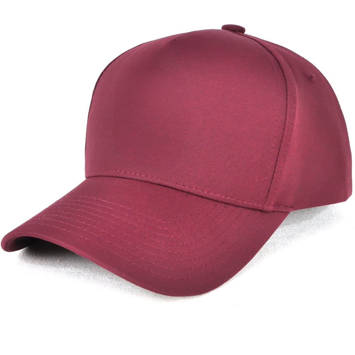 A maroon D-Lux 5 Panel Cap featuring a structured design and a logo on the front. Ideal for headwear.