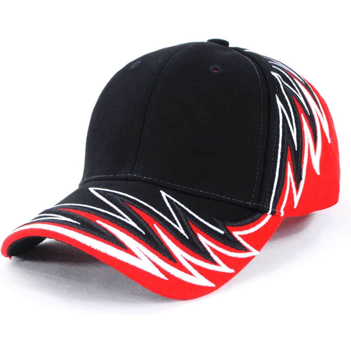 A black cap with red and white zigzag designs on the brim, featuring a logo on the front.
