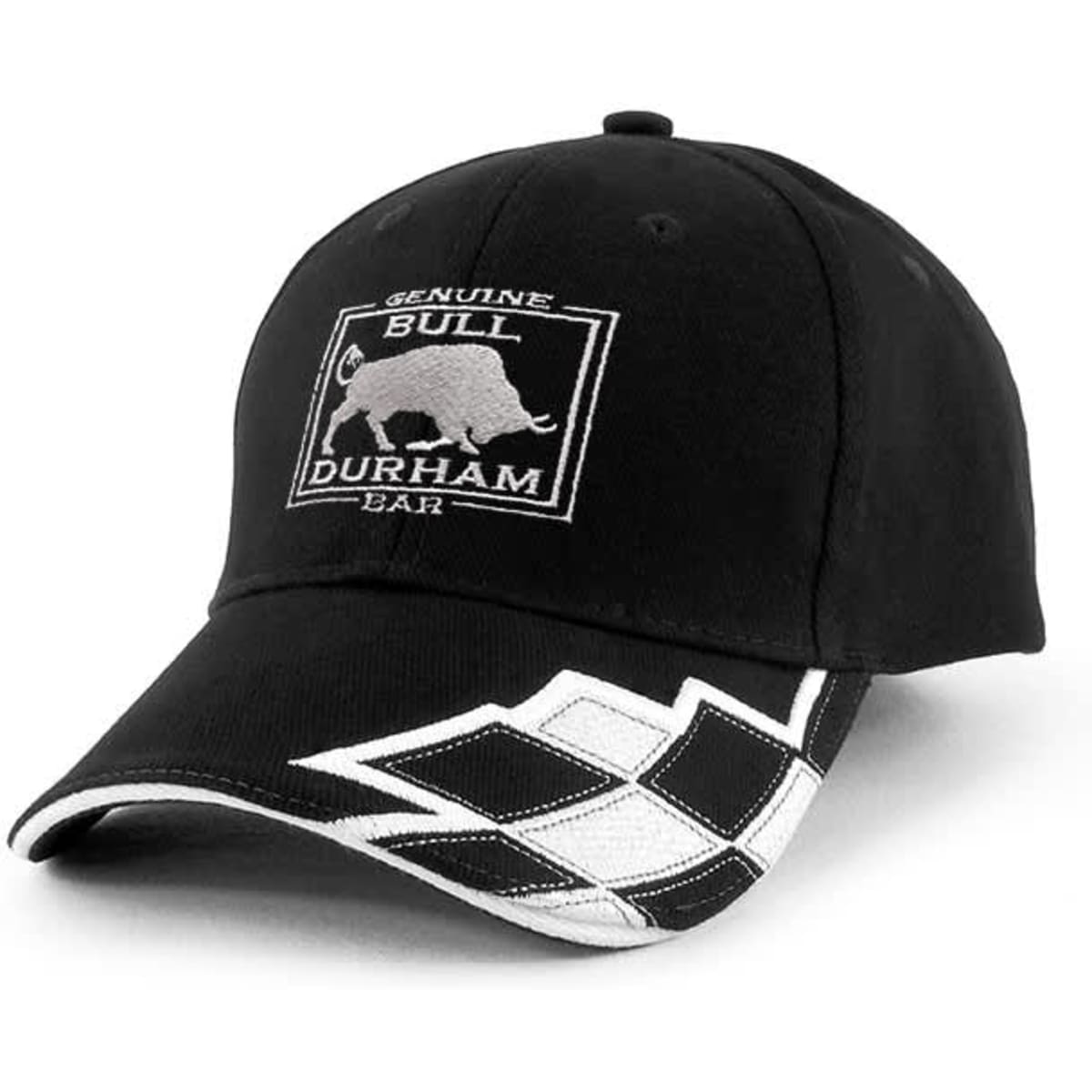 A black cap with a bull logo and a white patterned design on the peak. It features a branded emblem.
