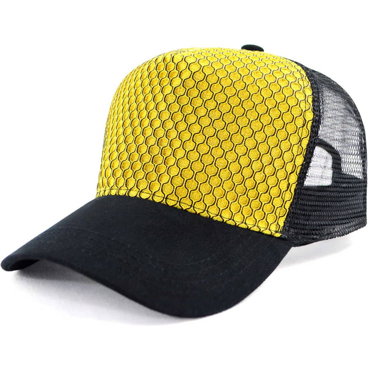 A trucker cap in yellow with a patterned front and black mesh sides. It features a curved brim and a logo.