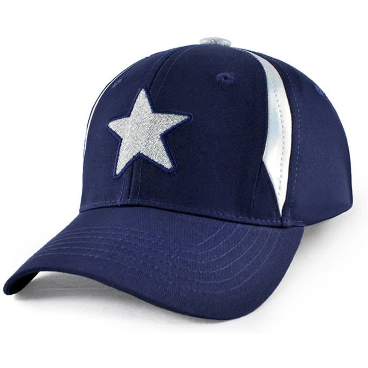 A navy blue cap featuring a silver star and reflective stripes. The cap has an adjustable back and a rounded brim.