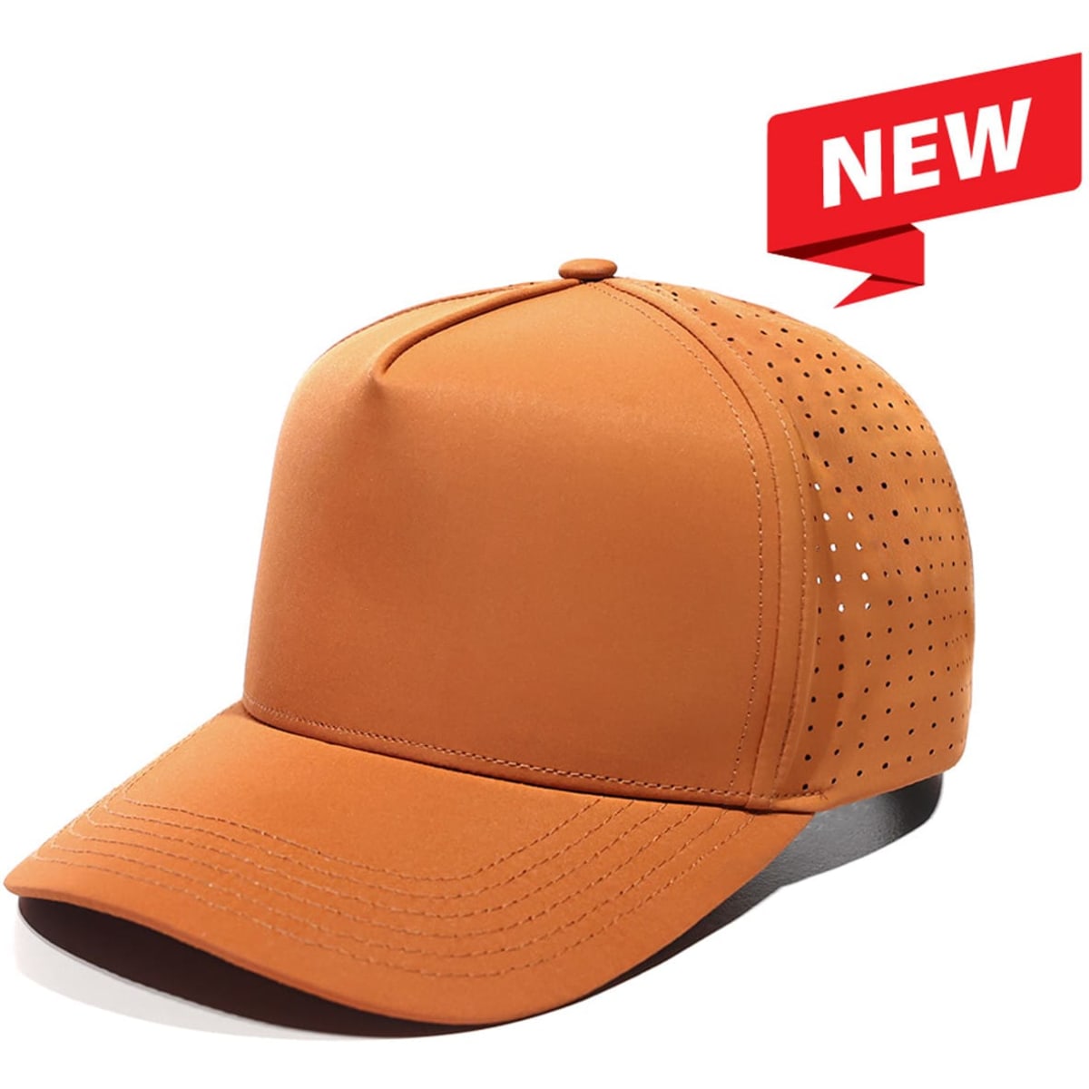 An orange cap featuring perforated sides and a solid front, with a curved brim and a logo.