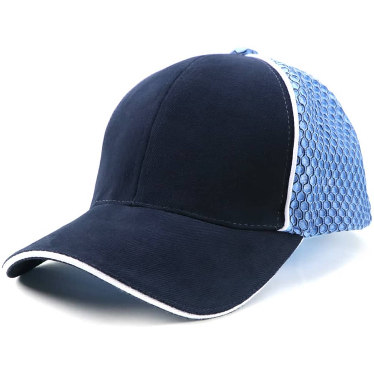 A navy cap with a blue mesh panel and a curved brim, featuring a logo on the front.
