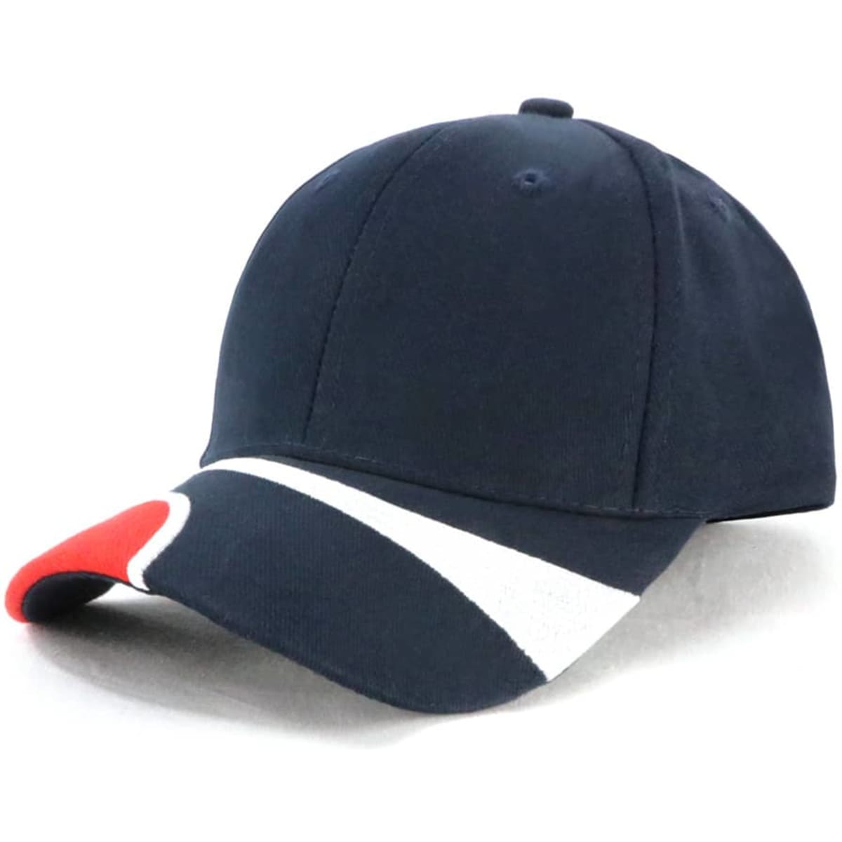 A navy cap with a patterned peak featuring red and white accents. It includes a branding logo on the front.