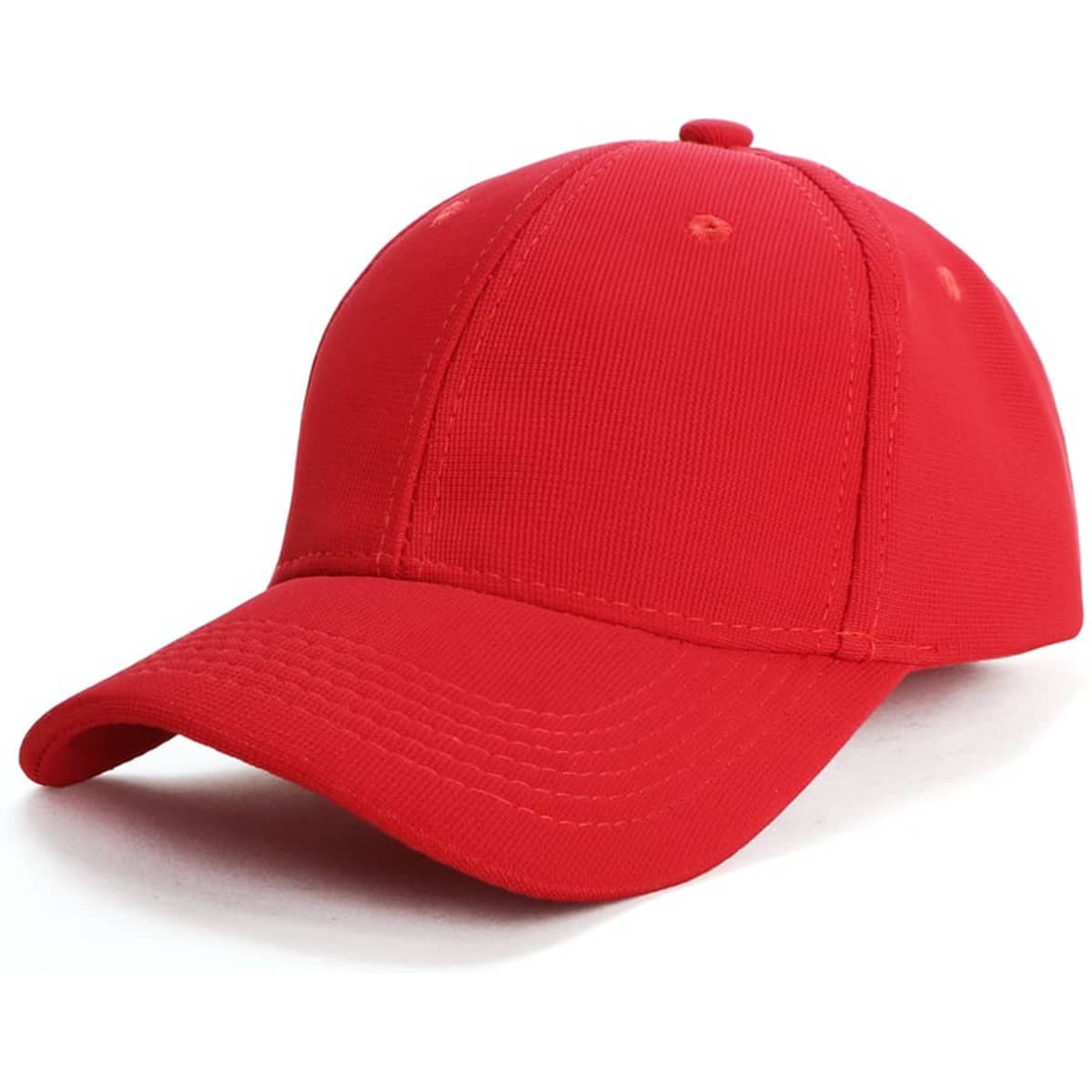 A red cap with a rounded crown and a curved brim, featuring a logo on the front.