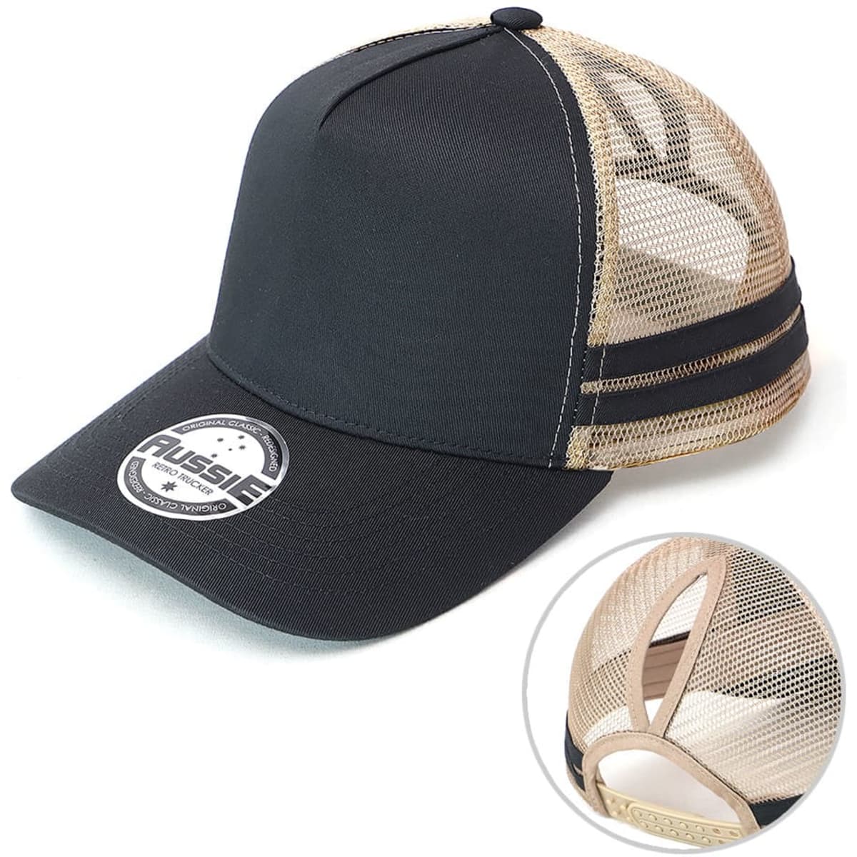 A black cap with a mesh back, featuring a logo and a ponytail opening for convenience.