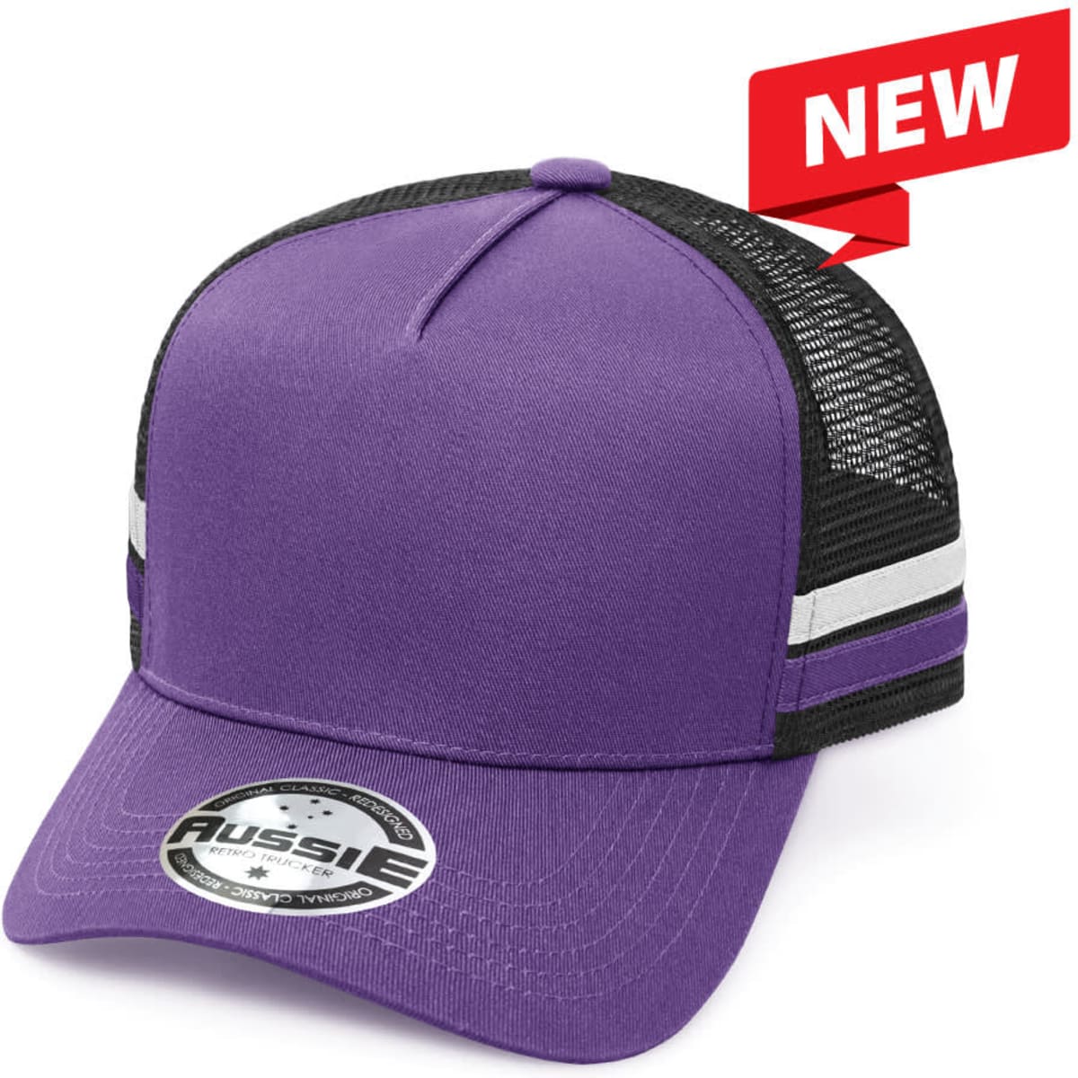 A purple striped trucker cap with a mesh back and a logo on the front.