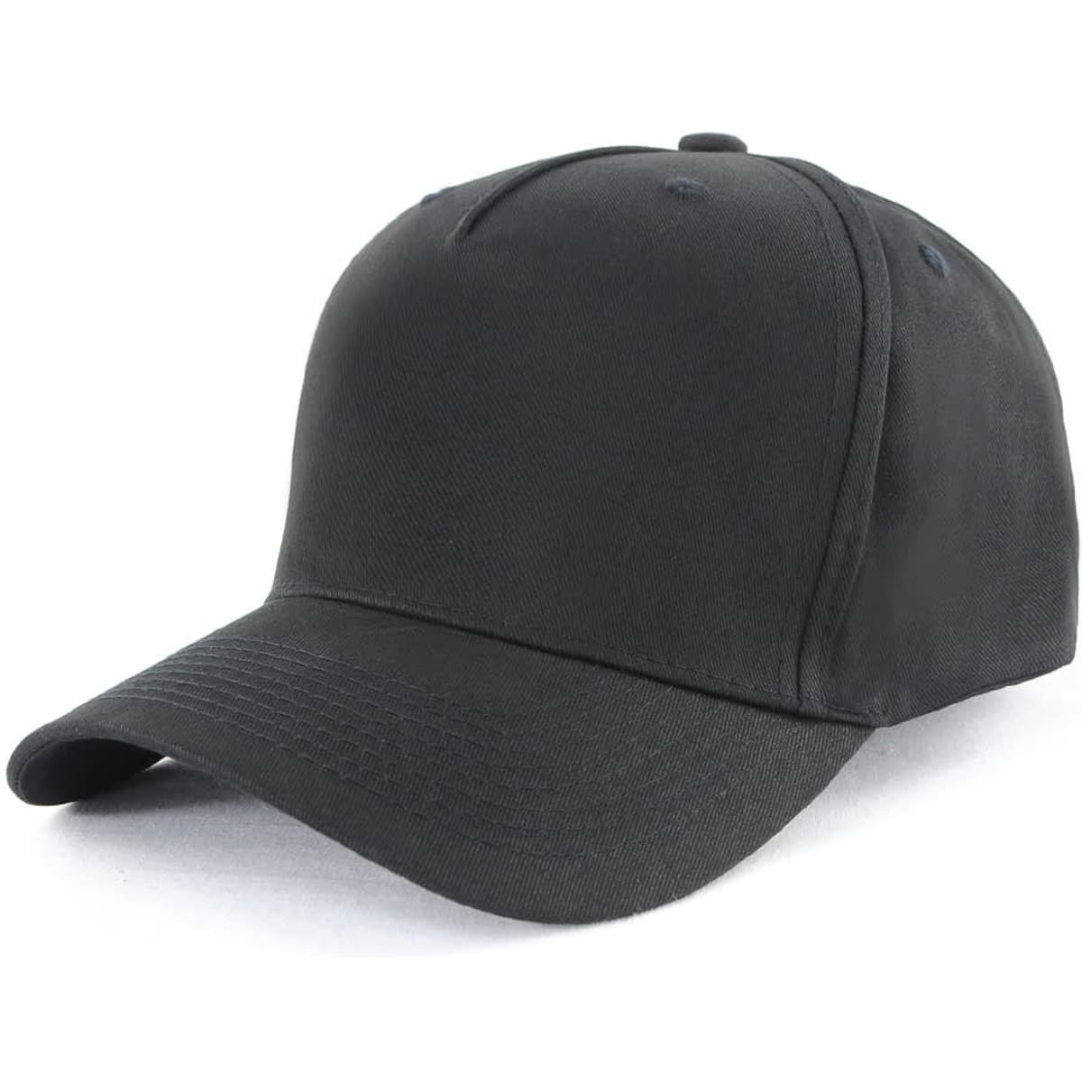 A black 5-panel cap made of 100% cotton, featuring a plain design and a logo on the front.