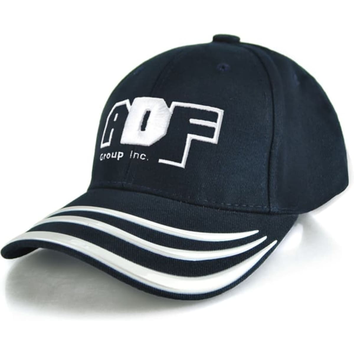 A navy cap with white stripes on the brim and a logo on the front.