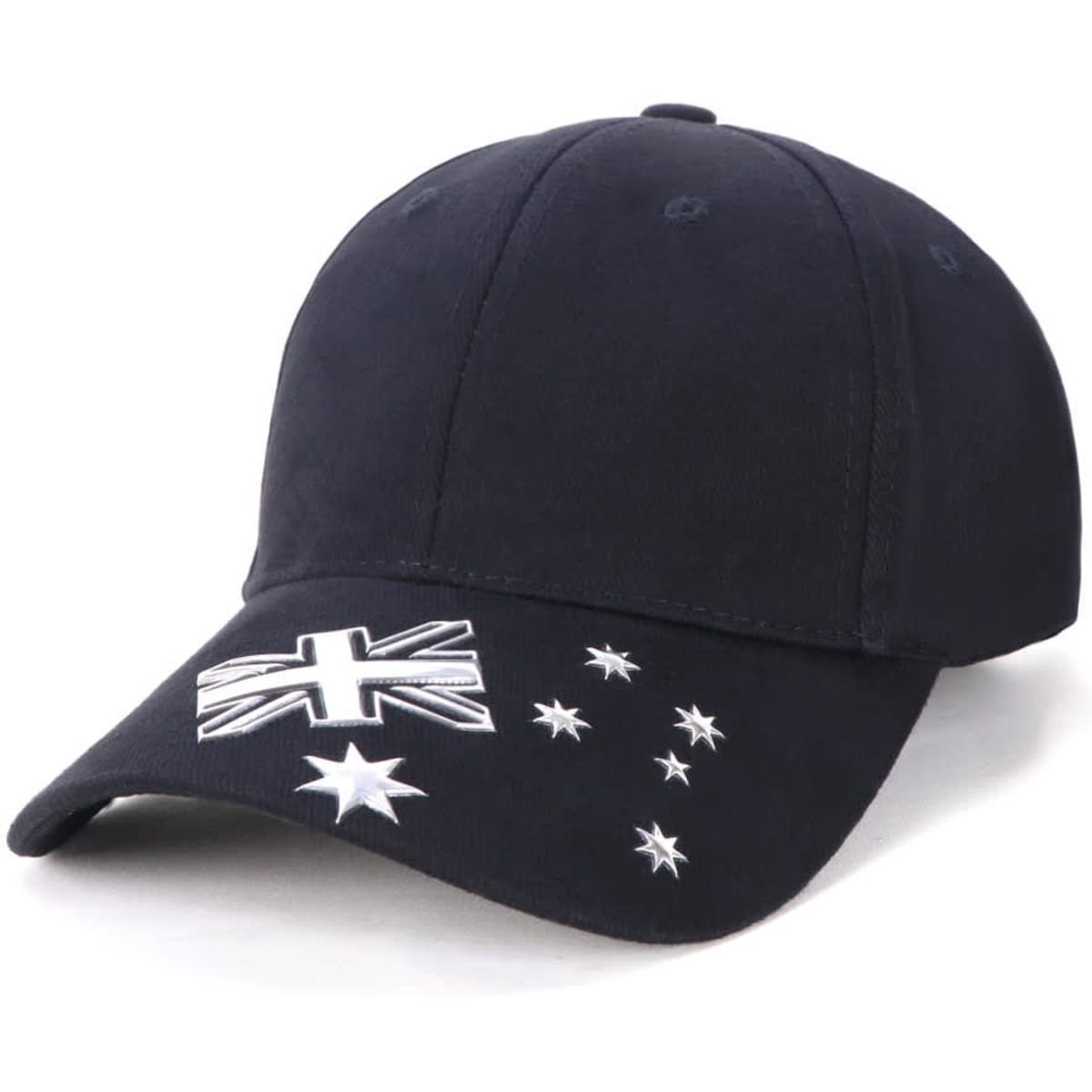A black cap featuring an Australian flag and stars, with a logo on the front.