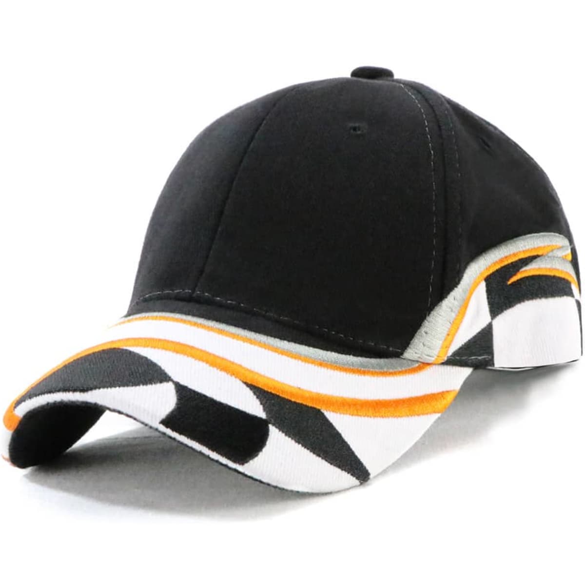 A black cap with a multi-coloured striped design on the brim and a logo on the side.